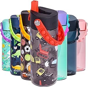 Elemental Water Bottles for Kids - Splash Kids Water Bottle for School with Pop-it Handle - BPA Free Tritan Plastic Water Bottle with Straw Leak Proof when Spout is Closed - Construction - 18oz