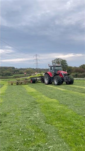 Massey Ferguson 7.s210 raking grass with a four rotor Claas rake. #masseyferguson #claas #farming