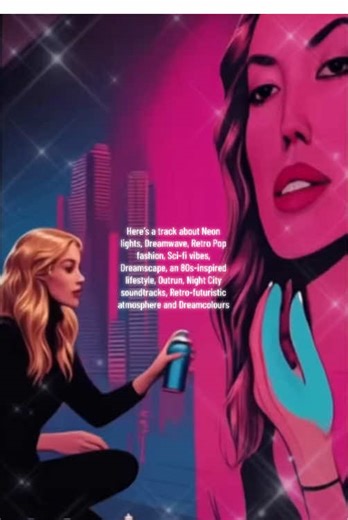 Here’s a track about Neon lights, Dreamwave, Retro Pop fashion, Sci-fi vibes, Dreamscape, an 80s-inspired lifestyle, Outrun, Night City soundtracks, Retro-futuristic atmosphere and Dreamcolours #newmusic #synthwave #electropop #futuristic