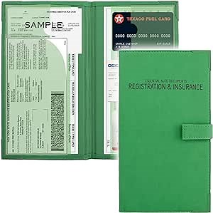 Auto Insurance and Registration Card Holder - Vehicle Glove Box Document Organizer - Car Essential Paperwork Holder for DMV, AAA, Contact Information Cards - Premium PU Leather Wallet Case - Green