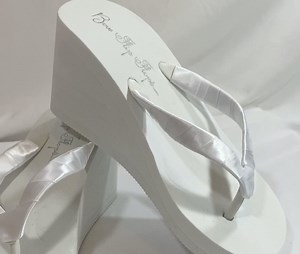 Watch White 3.5 inch heel satin high wedge flip flops on Amazon Live