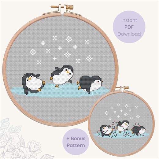 Penguin Cross Stitch Pattern Bundle PDF – Cute Winter Skating Penguins   Christmas Lights Bonus – Kawaii Holiday Stitch - Etsy