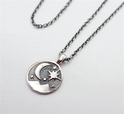 Mountain Night Sky Sterling Silver Necklace, Tiny Medallion, Delicate, Oxidized, Round - Etsy