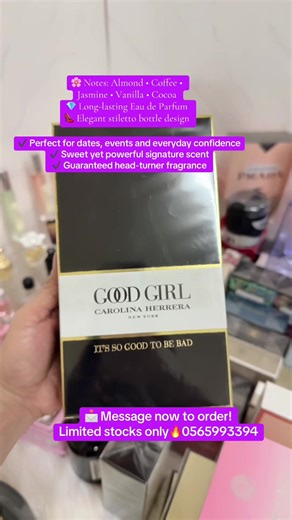 ✨ GOOD GIRL by Carolina Herrera ✨ “It’s so good to be bad.” 💋 Experience the iconic scent that blends sweet, elegant, and bold femininity in one luxurious fragrance. Perfect for women who want to stand out and leave a lasting impression. 🌸 Notes: Almond • Coffee • Jasmine • Vanilla • Cocoa 💎 Long-lasting Eau de Parfum 👠 Elegant stiletto bottle design ✔ Perfect for dates, events, and everyday confidence ✔ Sweet yet powerful signature scent ✔ Guaranteed head-turner fragrance