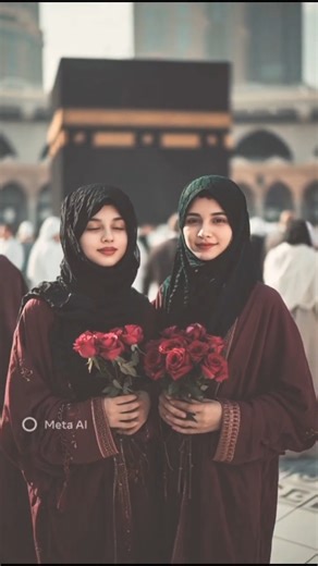 Serene Muslim Girls Before the Kaaba | A Moment of Deep Faith and Peace