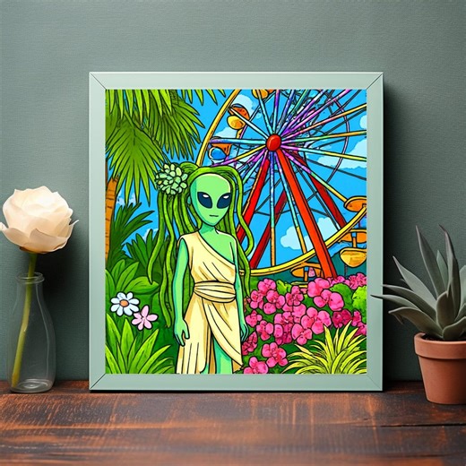 Whimsical Alien Art Print: Amusement Park, Tropical Plants, Ferris Wheel (digital Download) - Etsy UK