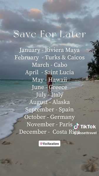 Where I would travel each month of the year: January - Riviera Maya: Mild weather & warm sunny days make this popular Mexican destination ideal for escaping winter temps! February Turks & Caicos: before spring break season hits and the January winds calm down. March - Cabo: Spring break is the perfect time to escape to Los Cabos, fantastic weather and great whale watching! April - Saint Lucia: Though you might catch a rain shower, the crowds will be smaller, the temps will be perfect and you can