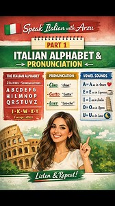 🇮🇹 Italian Learning Guide – PART 1 🇮🇹 ✨ Italian Alphabet & Pronunciation ✨ Want to speak Italian confidently from day one? Let’s start with the foundation of Italian language 👇 📌 Did you know? Italian has 21 main letters ➡️ Plus 5 foreign letters used in modern words. 🔤 Italian Alphabet Basics A B C D E F G H I L M N O P Q R S T U V Z 🌍 Foreign Letters: J – K – W – X – Y 🎧 Vowel Sounds (Very Important!) A = Amore ❤️ E = Espresso ☕ I = Italia 🇮🇹 O = Opera 🎭 U = Luna 🌙 🗣️ Pronunciati