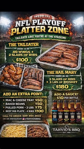 Tahvio Gratton (Owner) on Instagram: "🏈🔥 IT’S THE PLAYOFFS, BABY! 🔥🏈 Order your playoff platters today before they sell out again! Perfect for game day, watch parties, and tailgate vibes at home. 📍 Seattle Area 📍 Yakima Area 📍 Tri-Cities 🚚 We deliver! Don’t wait until kickoff—secure your platter today and eat like a champion. Limited quantities. Once they’re gone, they’re gone. Order thru DM or call 509-494-2032 #bbq #trending #nfl #local #foodie"