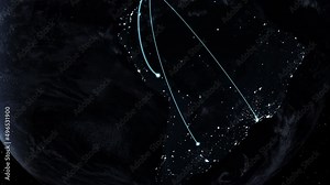 Global network and internet connection in orbital earth globe animation . Concept of wireless digital connection in futuristic 3D rendering motion graphic .