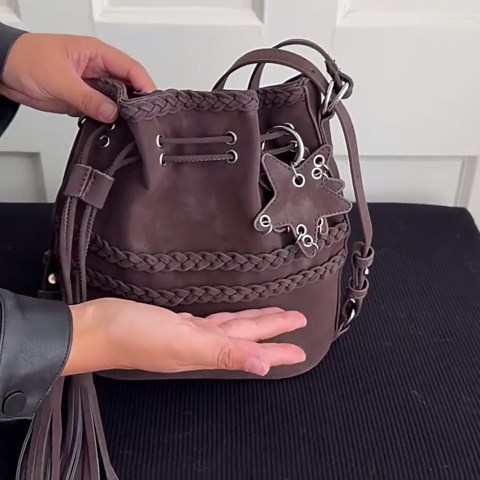 Vintage Drawstring Suede Bucket Backpack,Women's Braided Tassel Shoulder Bag,Large Capacity Trendy Casual Crossbody Bag