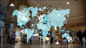e-Logistics international delivery concept, World map with logistic network distribution on background, cargo ships delivery containers in port stock. background for Concept of fast or instant