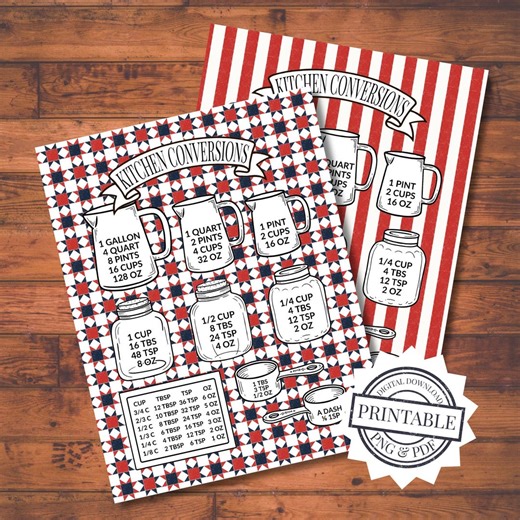 Kitchen Conversion Chart Printable | Americana Folk Art Star Quilt Cooking Guide | 8.5x11 Recipe Binder PDF - Etsy