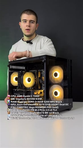 Потужний ПК в кожен дім 🏠 on Instagram: "Цей або будь-який інший ПК можна замовити у нас, пишіть у Дірект для безкоштовної консультації ✍️ 👀 Характеристики: 🧠 CPU: AMD Ryzen 5 7500F 🤰 MB: Gigabyte B650M D3HP 📊 RAM: Prologix DDR5 2×16GB 6200 MHz Black 👾 GPU: Asus GeForce RTX 5070 12GB GDDR7 Dual OC 🔌 PSU: CHIEFTEC Vega 850W (80 Plus Gold) 💽 SSD: Acer FA100 1TB M.2 PCIe 3.0 x4 TLC 📦 CASE: AeroCool Dryft Mini-G-BK-v2 Black 💨 COOLERS: ID-Cooling SE-214-XT ARGB Black 📡 Wi-Fi/Bluetooth: PCI