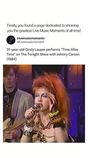 Live Music Moments on Instagram: "Cyndi Lauper performed “Time After Time” on The Tonight Show Starring Johnny Carson in 1984, just as the song was cementing itself as one of the defining ballads of the decade. Stripped of studio polish, the performance leaned on restraint and clarity, letting the melody and vulnerability of her voice carry the moment. Released earlier that year on her debut album She’s So Unusual, “Time After Time” became Lauper’s first number-one hit and revealed a quieter emo