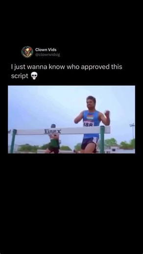 @clownvids on Instagram: "This video clip showcases a highly exaggerated and comedic scene, likely from a South Indian movie or television show, that defies the laws of physics and common sense in a track and field setting. The scene focuses on a hurdles race where one of the athletes, in a moment of over-the-top drama, appears to break the hurdle with his foot, causing the top bar to stick to his shoe. Instead of falling or stopping, he continues to run, defying gravity with an obviously imposs