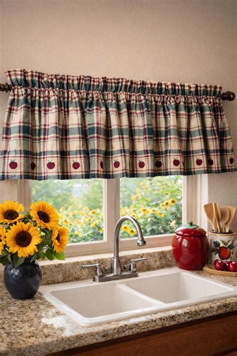 Apple Plaid Kitchen Valance Set – 3 Panels – Parks Designs Cotton Curtain – Country Farmhouse Apple Décor – Ruffled Sink Valance - Etsy