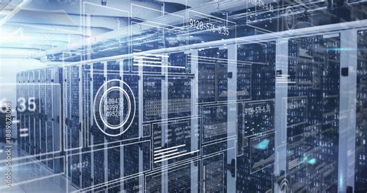 Animation of hud interface screens with graphs, shapes and numbers over data server racks