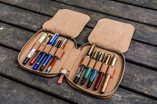 Leather Zippered 10 Slots Pen Case - Brown