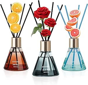 3 Set of Scent Diffusers with 24 Fiber Sticks, Rose Citrus Grapefruit Reed Diffusers for Home Shelf Decor,Last Up 60 Days