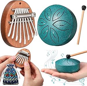 2 Pcs Mini Musical Instruments Mini Kalimba and Rain Drum with Drumstick 8 Keys Finger Thumb Piano and 6 Notes Steel Drum for Christmas Adult Beginners(Dark Green)