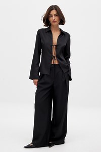 Tie Front Satin Blouse Black