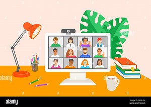 Friends online video conference by computer. Young people chat with each other virtually in video call app. Flat cartoon illustration. Work at home an Stock Vector Image & Art - Alamy