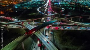 Cinematic urban aerial time lapse from above of interstate traffic causing climate change or global warming as result of CO2 emissions and pollution in our environment.