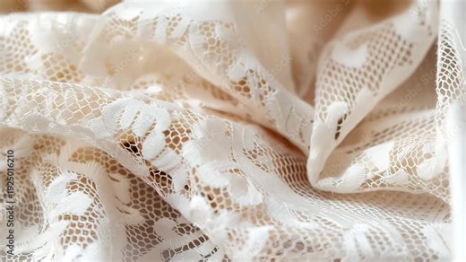 Lace fabric is shown closely, highlighting the patterns and designs. The intricate details of the lace are displayed, showcasing its texture and appearance in fabric form