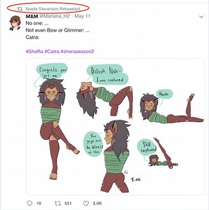Catra Having too much fun being tied up; Noelle Stevenson retweeting it