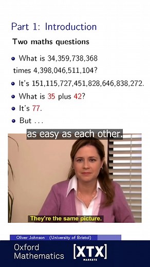Why 34, 359, 748, 368 x 4,398,046, 511, 194 Is just as easy to work out as: 35 42 Prof Oliver Johnson reveals the brilliance of log scale ⬇️ Watch the full Oxford Mathematics Public Lecture: https://www.youtube.com/watch?v=UsK52iZMsxo 🎬 | Oxford Mathematics #NationalNumeracyDay #NationalNumeracyDay #NumeracyDay #NumeracyDay2024 #OxfordUni #OxfordUniversity #OxfordLecture #Oxfordmathematician #MathsHack #StudyingAtOxford | University of Oxford