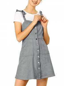 MODA NOVA Junior's Strap Button Down Faux Suede a-Line Mini Overall Dress