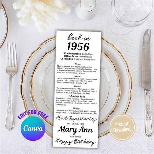 1956 Birthday Table Card | Editable 70th Birthday Place Card | Born in 1956 Table Card | Birthday Gift for Her for Him | 70 Birthday Decor - Etsy
