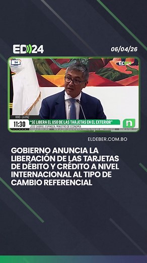El ministro de Economía, José Gabriel Espinoza, anunció que se liberan las tarjetas de débito y crédito a nivel internacional al tipo de cambio referencial. “Se libera el uso de tarjetas en el exterior”, sostuvo. #ElDeber #Gobierno #Economía #Tarjetas #Exterior 📹#ED24