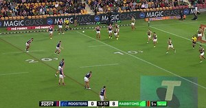 Manu leaps high to get a Roosters try