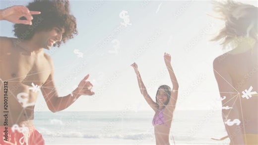 Center woman raising arms, friends mirroring dance on shore, currency symbols and lines overlaying