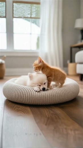 Welcome to the Cuddle Club! 🧡🐶😻 #KittenAndPuppy #CuddlePuddle #UnlikelyFriends #TinyPals #NapTime