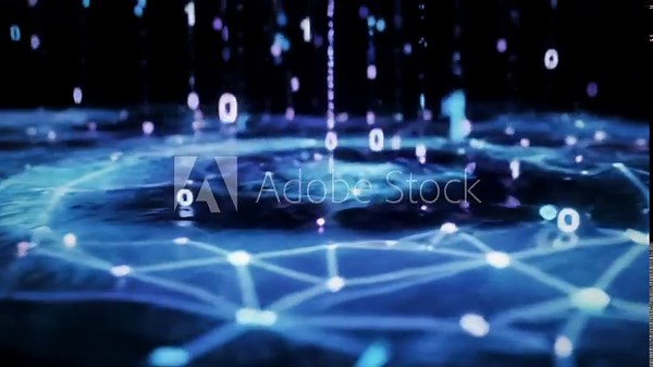 Luminous neon blue and purple abstract digital particles descend onto a reflective obsidian surface, generating radiant, expanding ripples with binary code and network patterns, fading into a black