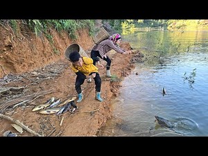 highland fishing skills, single hook fishing on the lake shore, harvesting fish for sale