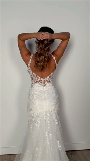 Fit-and-Flare Wedding Dress with Plunging Neckline and Lace Appliqués