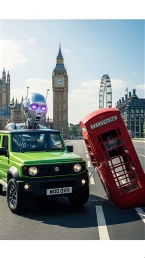 Robot 🤖 in a Suzuki Jimny crashes into red telephone box London