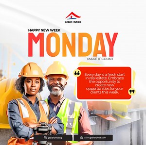 Rise & Build It’s a New Week! At Gtext Homes, we don’t just start Mondays we own them. A new week means a fresh chance to turn visions into reality, serve your clients better, and unlock fresh opportunities in real estate. Let this be your reminder: Your work shapes lives. Your passion builds dreams. Make every day count! Here’s to progress, purpose, and powerful moves this week. #MondayMindset #GtextHomes #FreshStart #RealEstateGoals #NewWeekNewWins | Gtext Homes