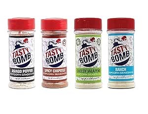 Tasty Bomb Popcorn Seasoning Set - Zesty Popcorn Seasoning Powder Variety Pack of 4 - Hot & Spicy Popcorn Flavoring with Asiago Pepper, Spicy Chipotle, Cheesy Jalapeno & Ranch Popcorn Seasoning Powder