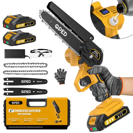 GPED Mini Chainsaw Cordless 6 inch with 2 Battery, Mini Power Chain Saw with Security Lock, Electric Chainsaw, Handheld Small Chainsaw for Tree Trimming Wood Cutting, Yellow