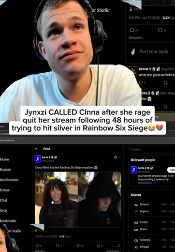Jynxzi CALLED Cinna after she rage quit her stream following 48 hours of trying to hit silver in Rainbow Six Siege😭💔 #jynxzi #jynxziclips #cinna #rainbowsixsiege #fyp