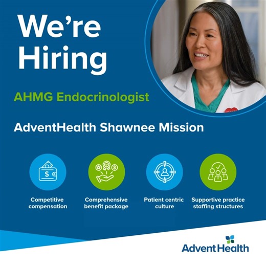 1.3K views | Join a team that sees The Whole You! AdventHealth Shawnee Mission in Kansas is hiring an AHMG Endocrinologist. Send your resume to Rebecca.Haimes@adventhealth.com or click to learn more: https://bit.ly/4dlWOJq AdventHealth Kansas City #LifeatAdventHealth #Hiring | Life at AdventHealth | Facebook