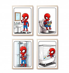 Superhero Kids Bathroom Sign Set | Funny Restroom Art | Set of 4 | Spiderman | NT - Etsy