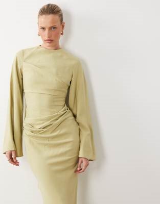 ASOS DESIGN long sleeve waisted maxi dress in light sage | ASOS