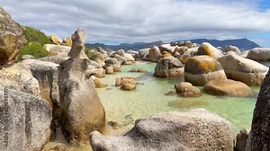 Boulder's Beach South Africa Simon's Town Penguin Colony public swimming area Water's Edge South Africa Netflick Penguins Town early morning sunrise bright sun scenic Cape Town slow motion pan right