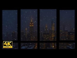 4K Winter Night New York City Window View ❄️ Soft Snowfall, Wind Sounds & Snowy Ambience for Sleep